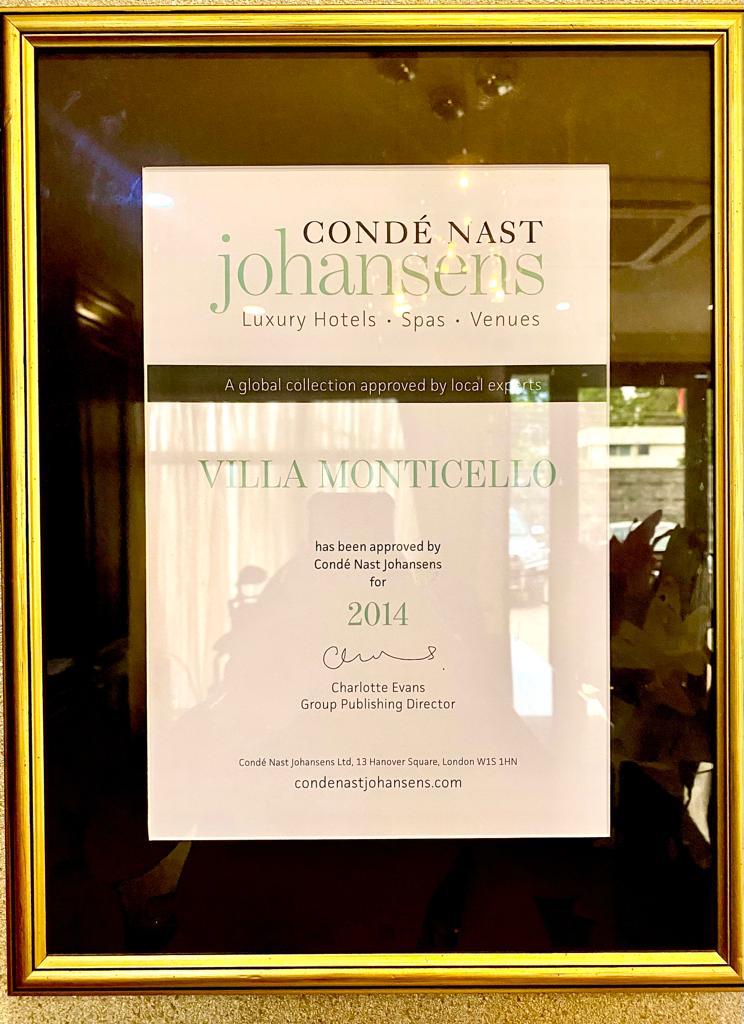Certificate of recognition awarded to Villa Monti Cello, highlighting its achievements and commitment to excellence in hospitality.