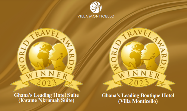 Signature award shields displaying elegant designs and branding for Villa Monti Cello, showcasing excellence in hospitality.