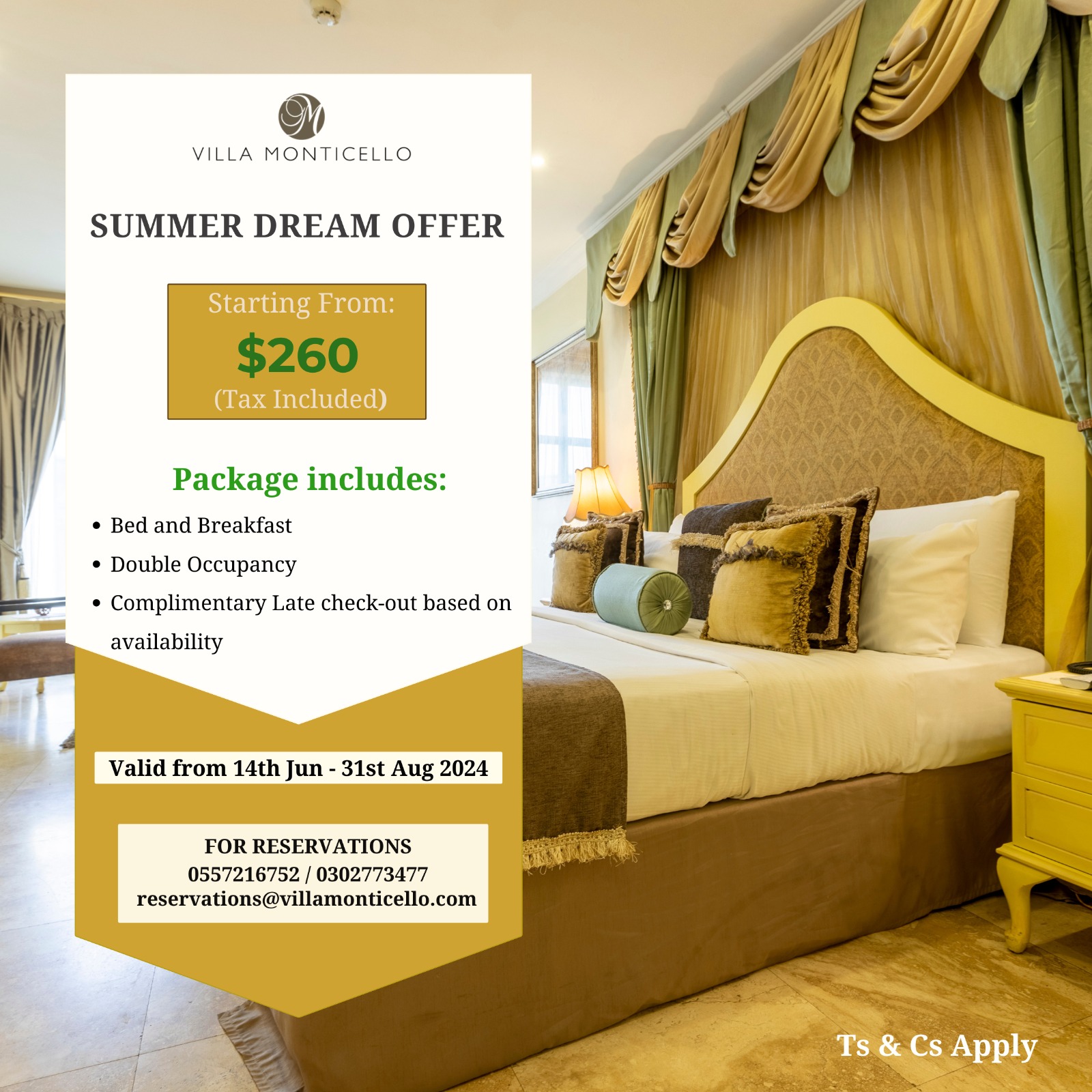 Promotional image for Villa Monti Cello, showcasing special offers and inviting guests to enjoy luxurious stays.