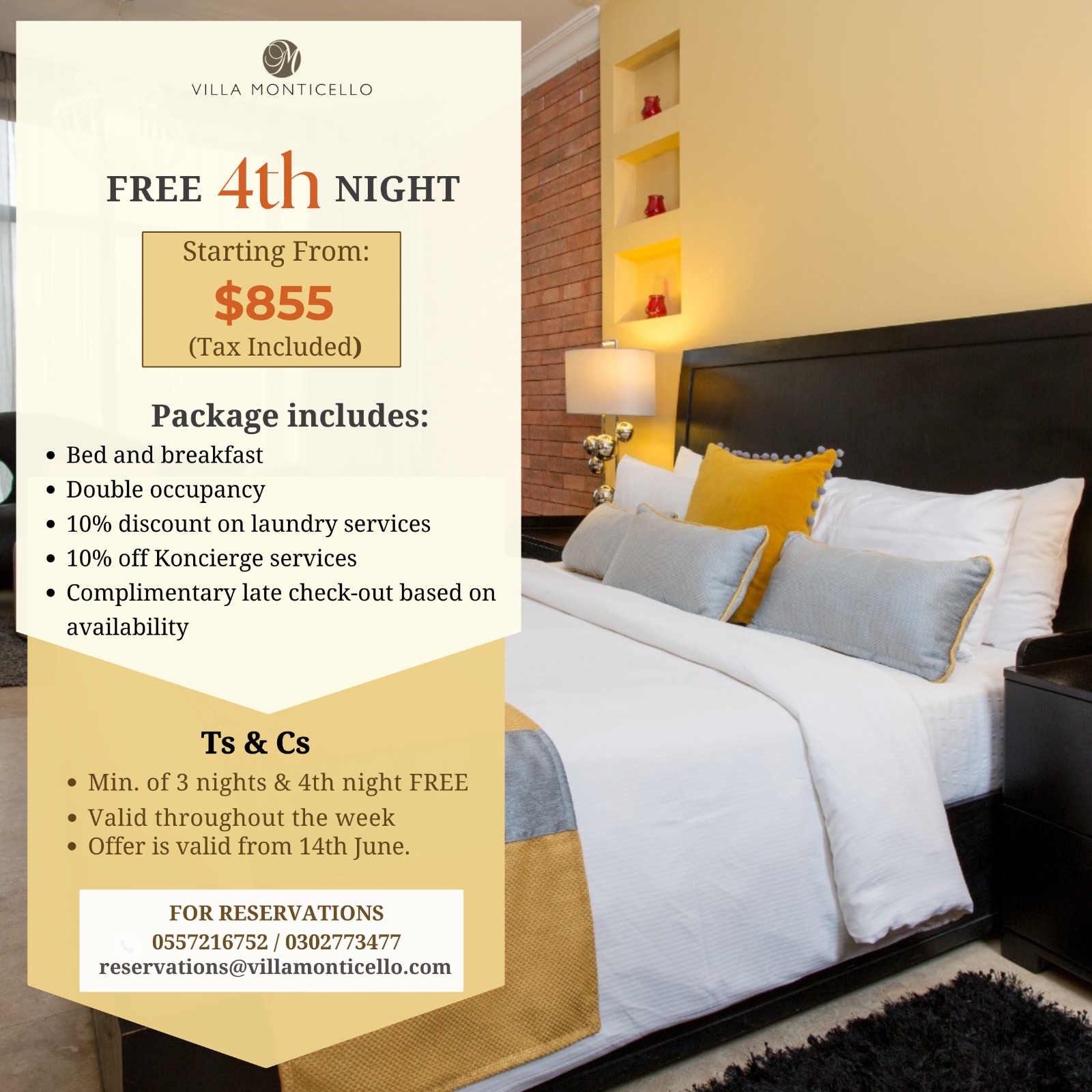 Promotional graphic for Villa Monti Cello, highlighting exclusive offers and luxury experiences for guests.