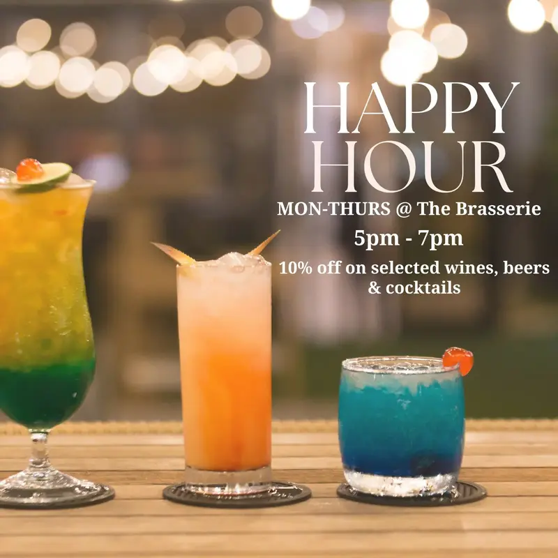Happy Hour promotional poster for The Brasserie at Villa Monticello, offering 10% off selected wines, beers, and cocktails, Monday through Thursday from 5 pm to 7 pm