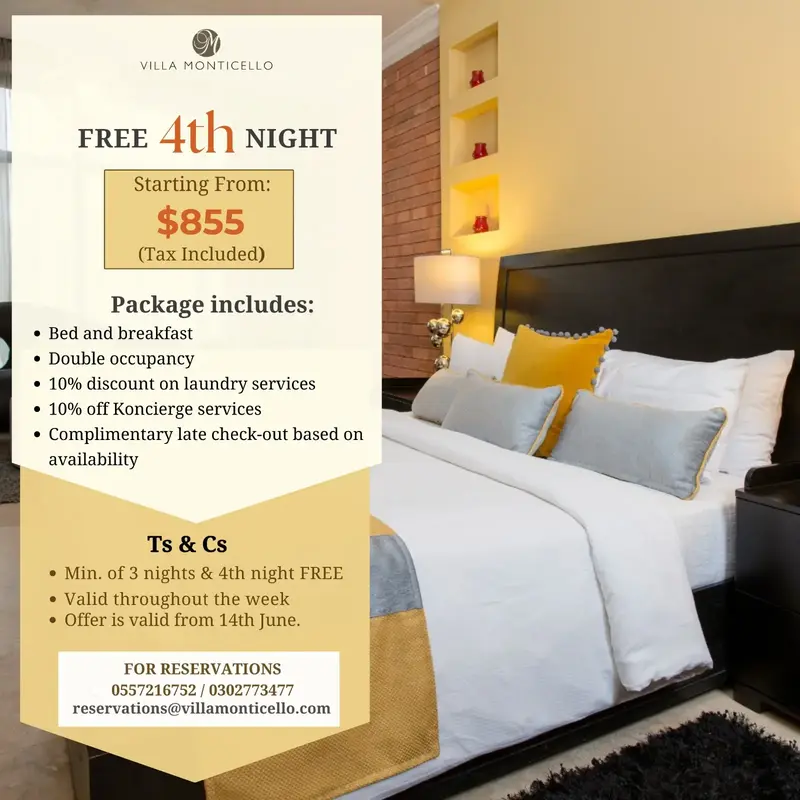 Promotional graphic for Villa Monticello Boutique Hotel, advertising a '4th Night Free' package