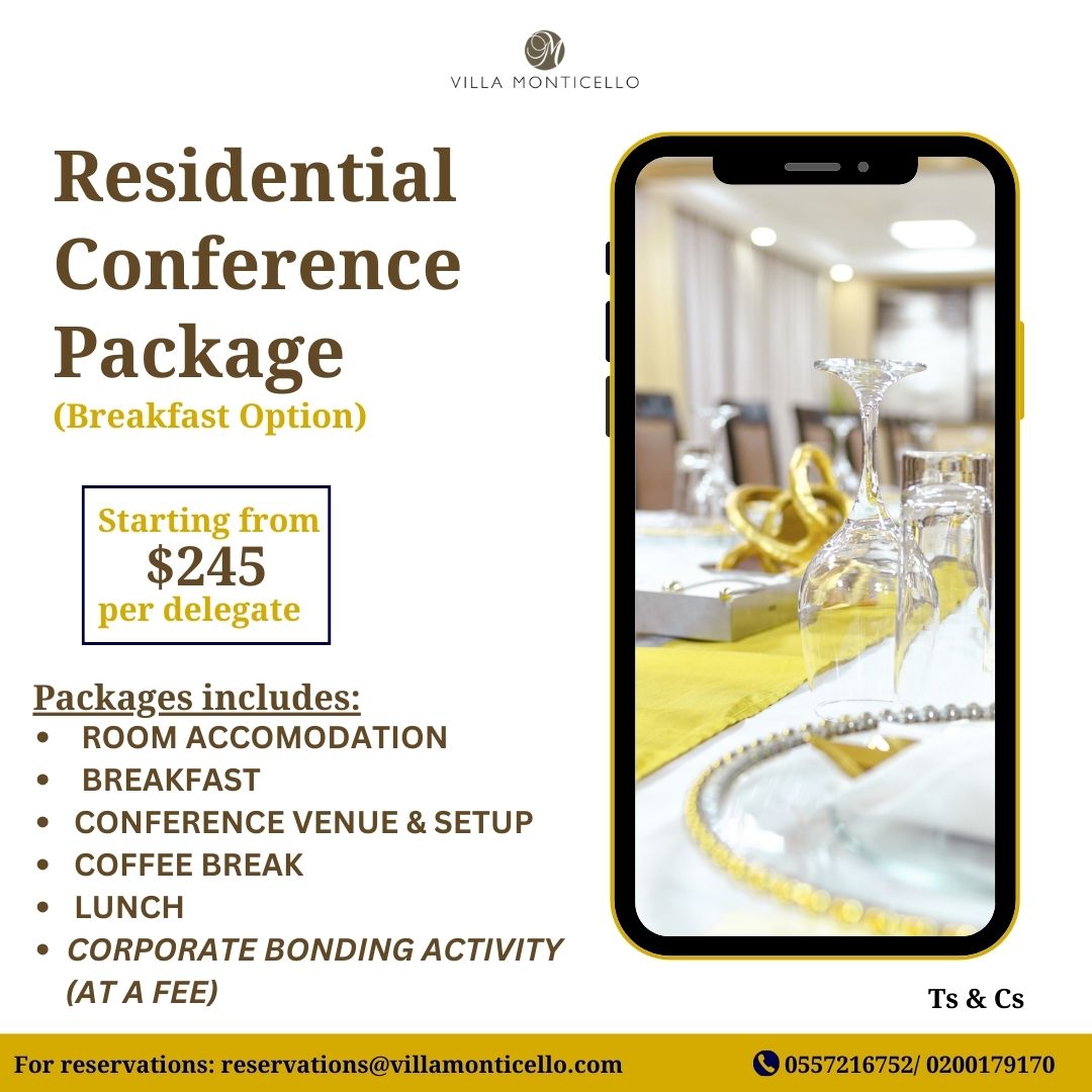 Advertisement for Villa Monticello's Residential Conference Package, starting from $245 per delegate.