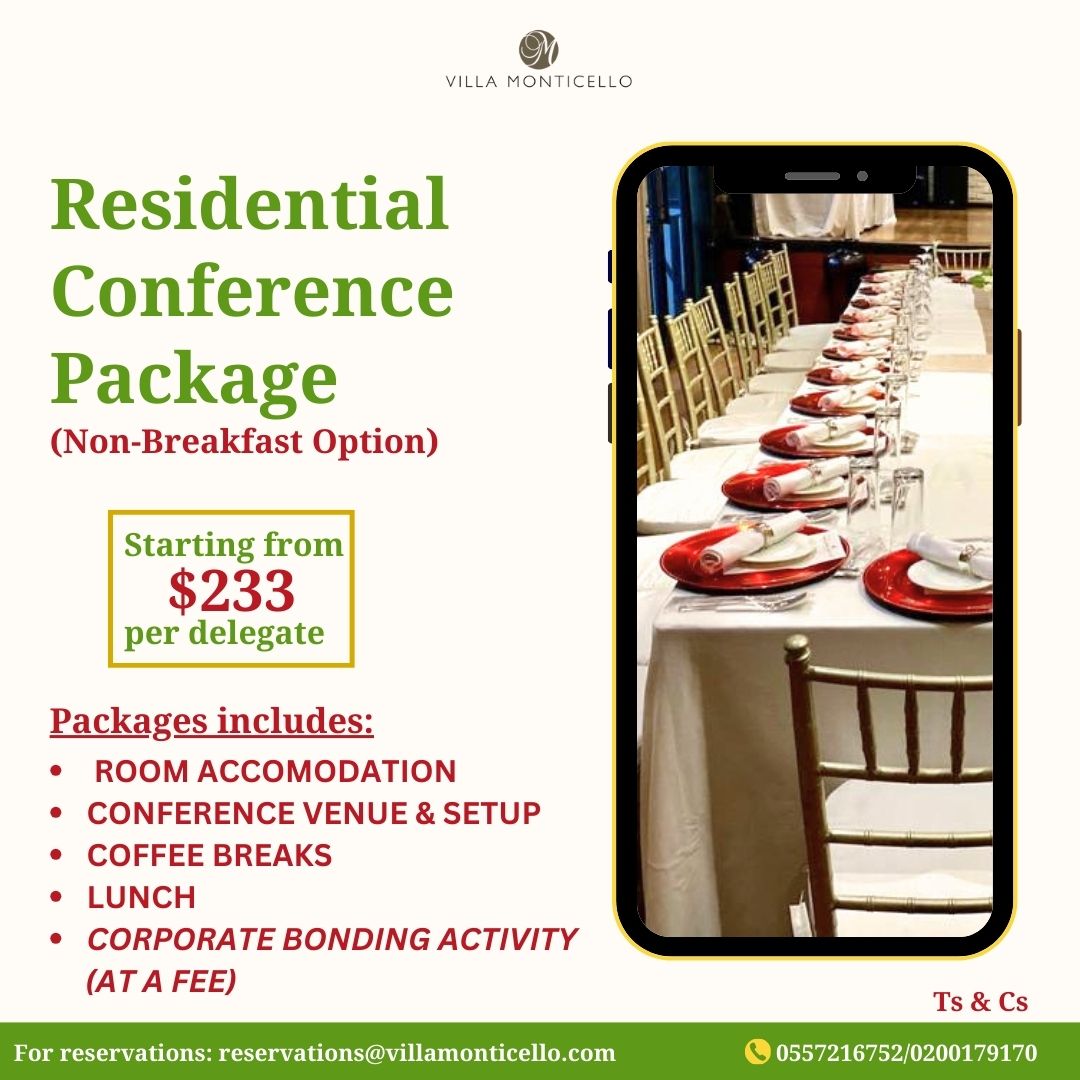 Advertisement for Villa Monticello's Residential Conference Package, starting from $233 per delegate.