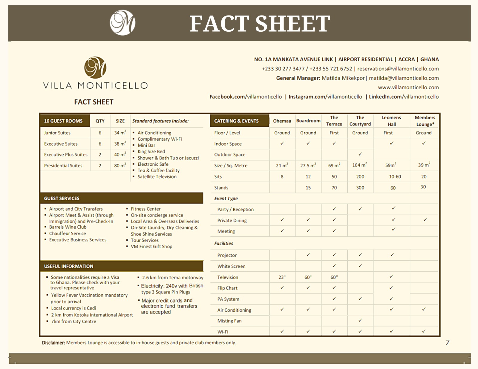 Fact sheet for Villa Monti Cello, providing key information about the venue, amenities, and services offered.