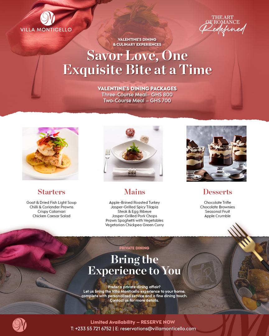 Villa Monticello Valentine's Day Dining Menu