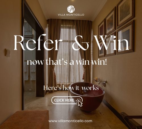 Promotional graphic for Villa Monti Cello's 'Refer and Win' offer, featuring elegant design and enticing call to action.